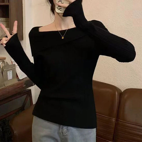 Solid Sexy Slim Off Shoulder Slash Neck Sweater Women Jumpers